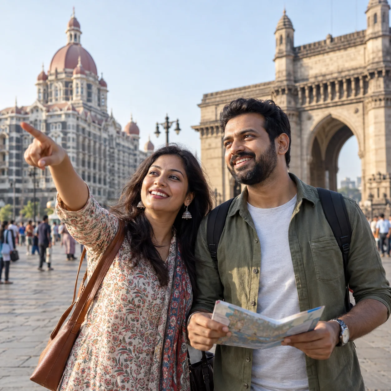A man and woman exploring city landmarks