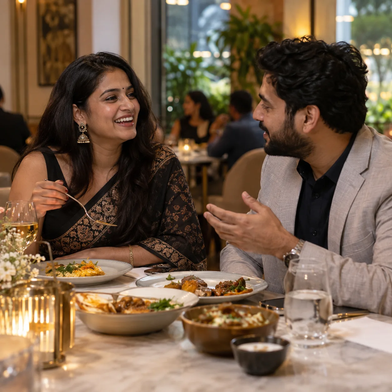 A man and woman enjoying dinner at a restaurant