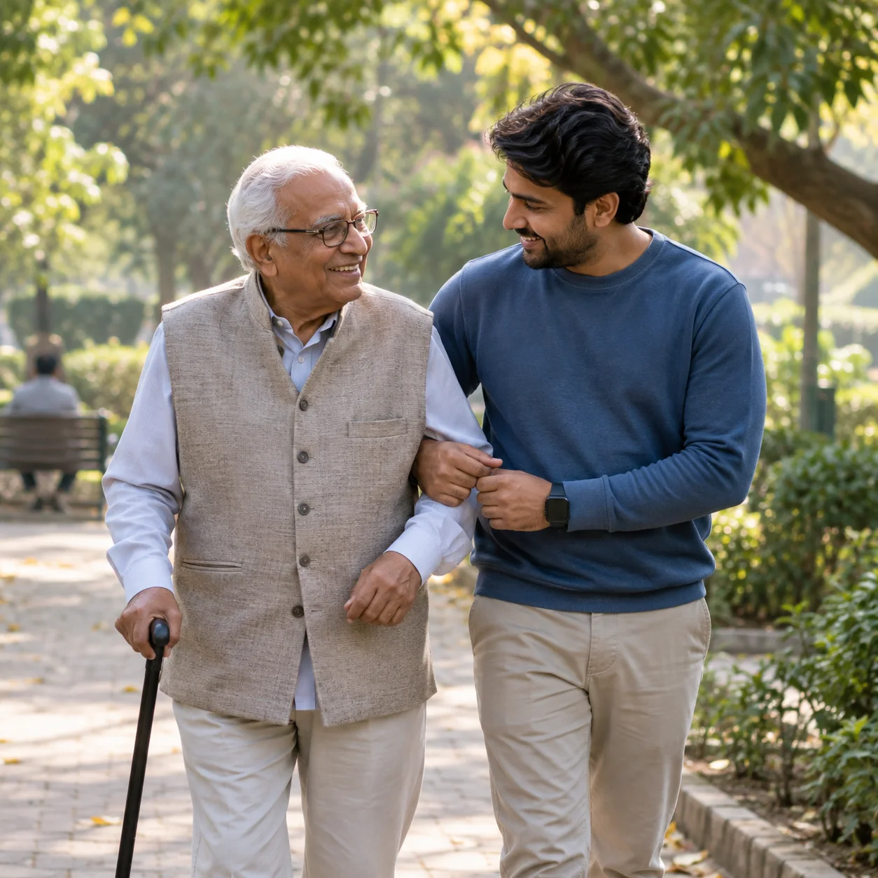 An older man walking with a male companion