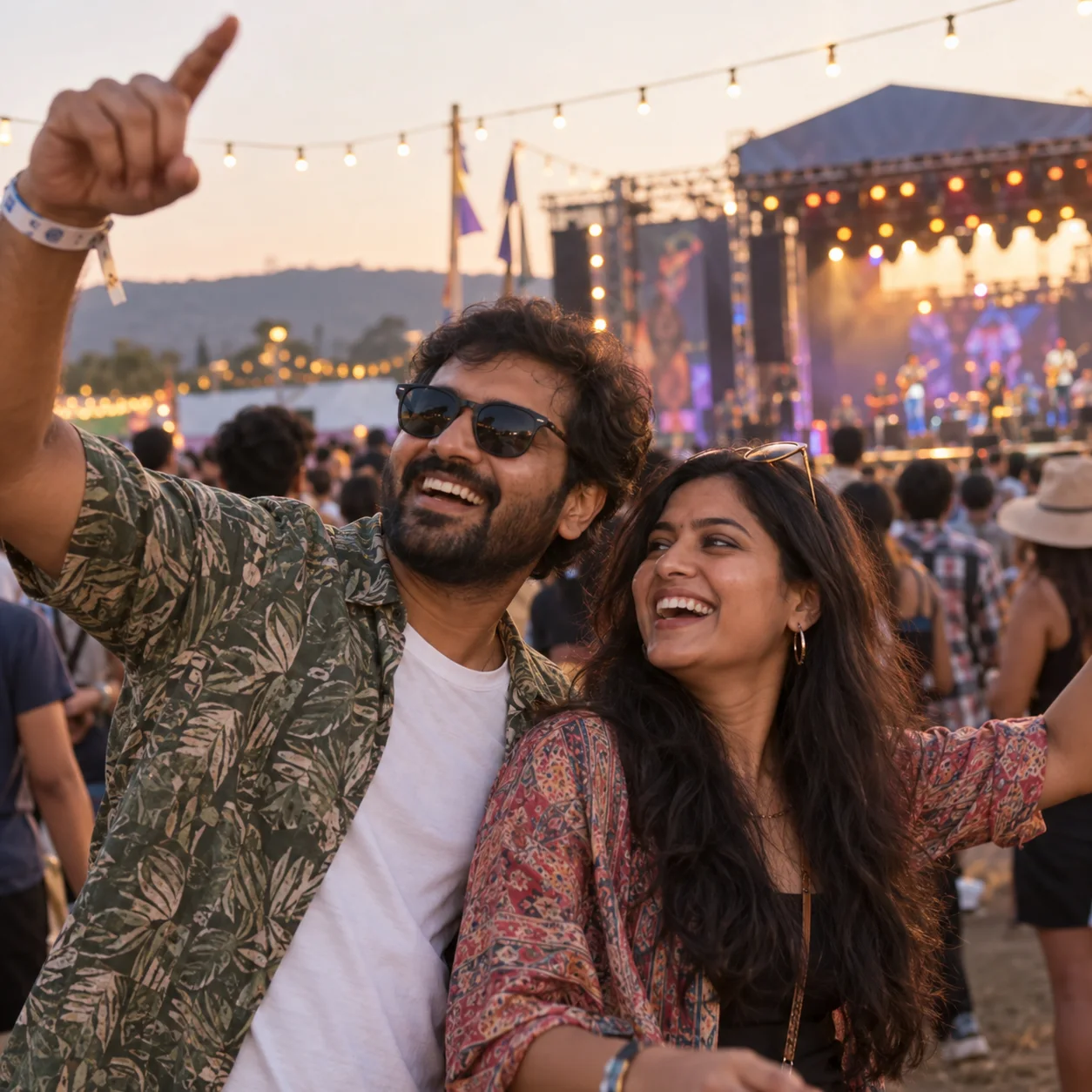 A man and woman at an outdoor music event