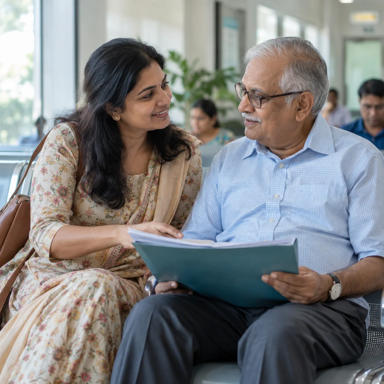 A companion assisting an older man at a hospital appointment