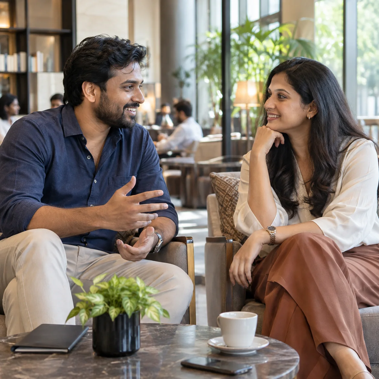 Friendly conversation in a public lounge